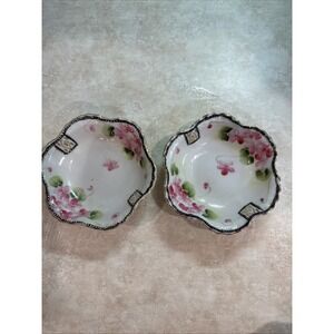 Set of 2 Vintage JAPAN Scalloped Bowl‎ Pink & Green Flowers Hand Painted 5"